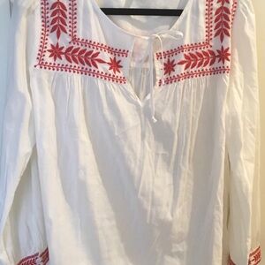 J. Crew White Blouse with Red Embroidery Size Small